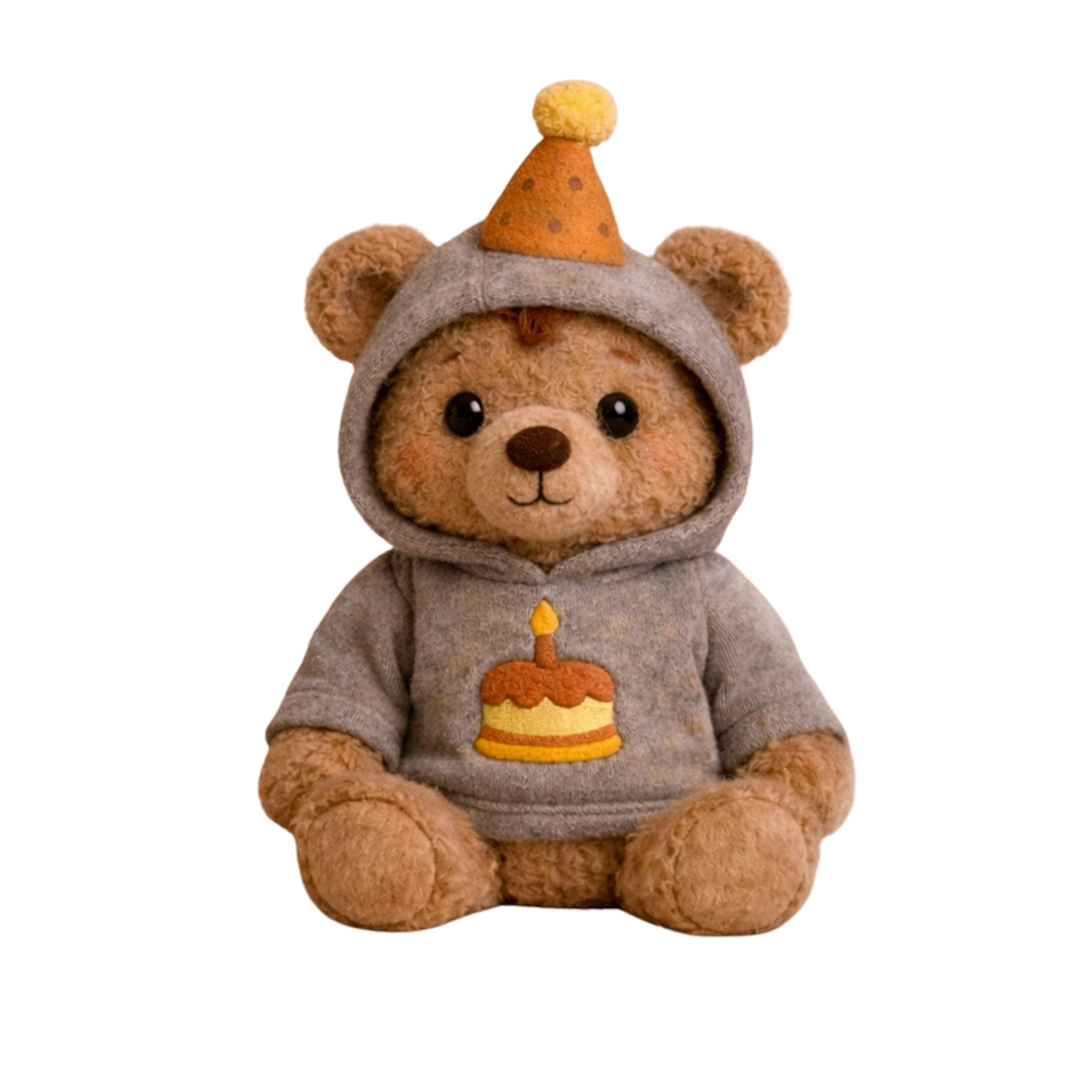 Birthday Buddy, a cozy plush bear in a grey hoodie with a birthday cake, wearing a party hat